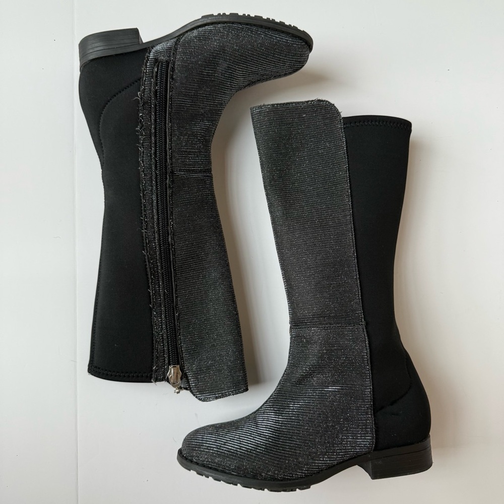 Stuart Weitzman Kids Shimmer Riding Boots Size 10 | Silver Stretch Panel - Picture 5 of 9